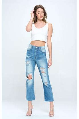 HIGH WAISTED RIPPED ANKLE SLIM STRAIGHT JEANS
