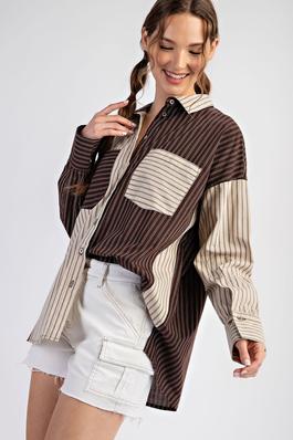 COLOR BLOCK STRIPED LONG SLEEVE FLANNEL TOP