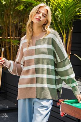 STRIPED COLOR BLOCK LONG SLEEVE SWEATER