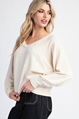 TEXTURED V NECK LONG SLEEVE TOP