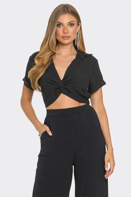 Twist Front Short Sleeve Cropped Top