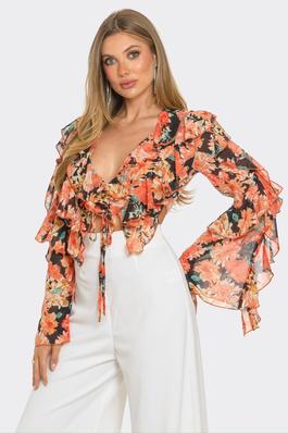Cropped Floral Print Ruffle Blouse
