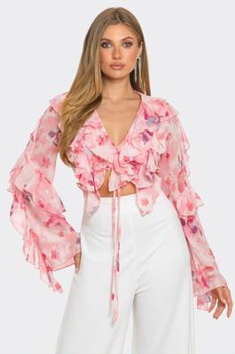 Cropped Floral Print Ruffle Blouse