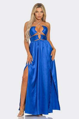 Satin Maxi Cut Out Dress With Sparkle Straps