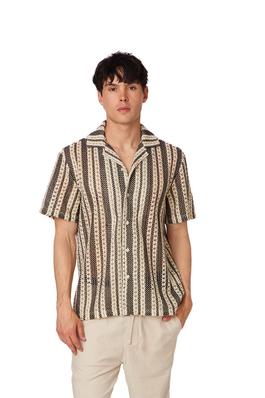 Crochet Vertical Stripe Short Sleeve Shirt
