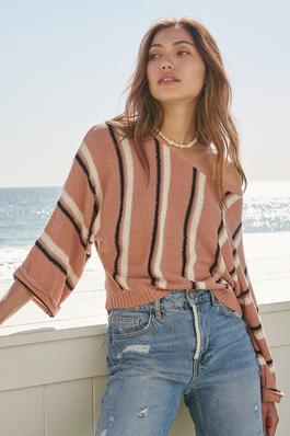 Striped Knit Oversize Cropped 3/4-Sleeve Sweater