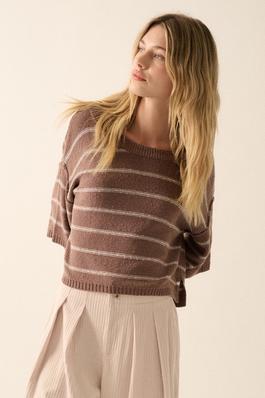 Striped Knit Boat Neck 3/4 Sleeve Loose Sweater