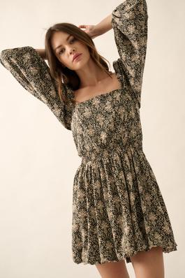 Abstract-Print Smocked-Waist Woven Mini Dress
