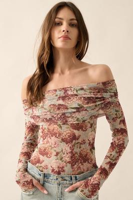 Floral Mesh Off-Shoulder Knit Bodysuit 
