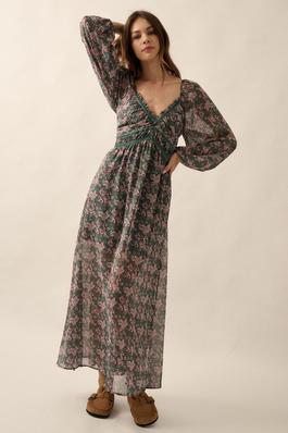Floral V-Neck Sheer Velvet-Trim Maxi Dress