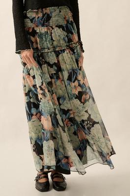 Floral Sheer Smocked-Waist Yoke Maxi Skirt