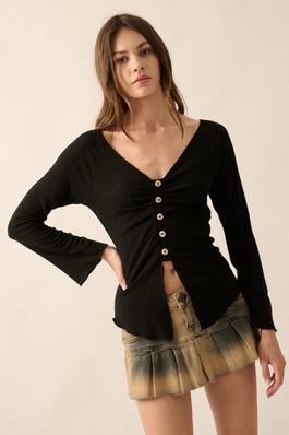Solid V-Neck Fitted Ribbed Knit Top