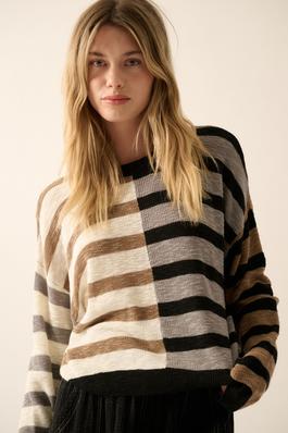 Contrast Color Stripes Ribbed-Knit Sweater