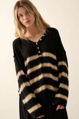 Henley-Neck Striped Knit Sweater
