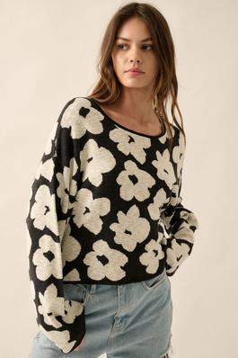 Floral Knit Round Neck Long Sleeve Sweater