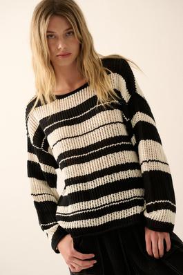 Oversized Stripe Colorblock Crochet Knit Sweater
