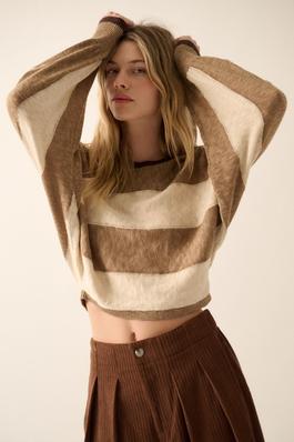 Long Dolman-Sleeve Striped Knit Sweater