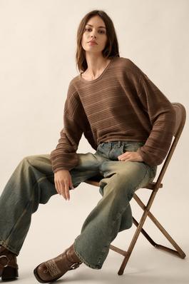 Horizontal Rib-Knit Drop-Shoulder Cropped Sweater