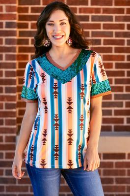 Striped Geometric Print Top with Sequin Sleeves