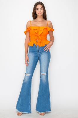 Lace Up Ruffled Off Shoulder Top