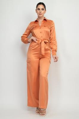 Satin Belted Button Down Jumpsuit