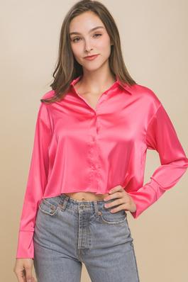 Semi Cropped Satin Long Sleeve Button Down Blouse