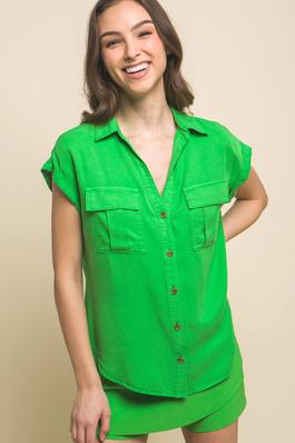 Woven Solid Short Sleeve Button Front Top