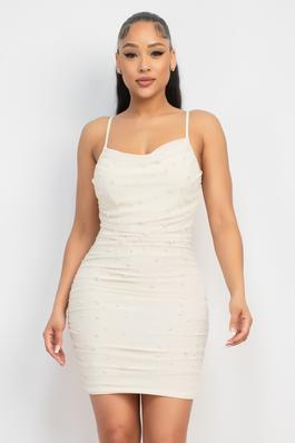 Cowl Pearl Studded Ruched Dress