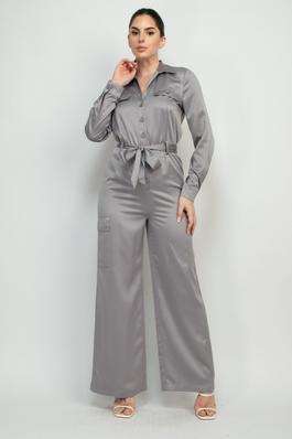 Satin Belted Button Down Jumpsuit