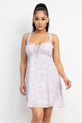 Lace Up Floral Ruffle A Line Dress