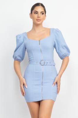 Belted Elbow Sleeve Solid Dress