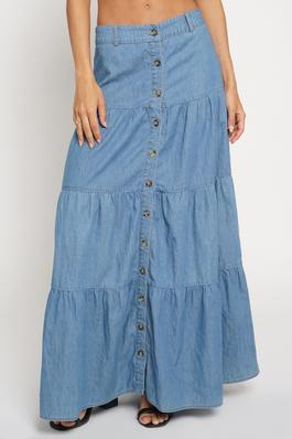 CHAMBRAY TIERED BUTTON FRONT MAXI SKIRT