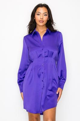 Cinched Pleated Satin Shirt Dress