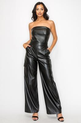 Tube Faux Leather Wide Jumpsuit