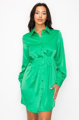 Cinched Pleated Satin Shirt Dress