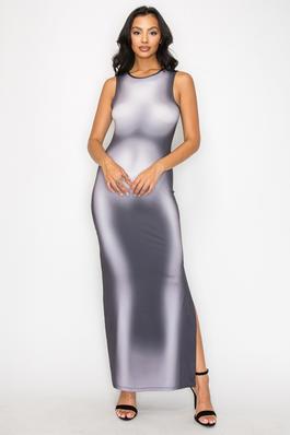 Round Sleeveless Printed Slit Maxi Dress