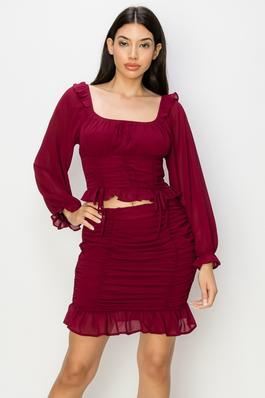 Ruched Ruffled Mesh Sleeve Top And Shirred Skirt Set
