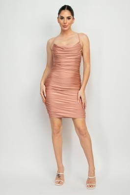 Cowl Bodycon Ruched Double Layer Dress