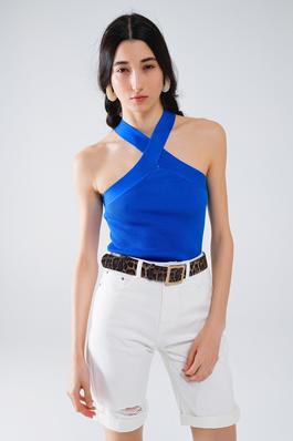 KNITTED CROSS FRONT CROPPED TOP IN BLUE