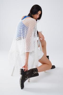 WHITE OPEN CARDIGAN W/ FRINGE ENDS AND 3/4 SLEEVES