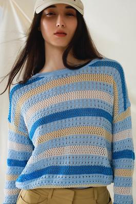 BLUE MULTICOLORED SWEATER WITH BOAT NECK