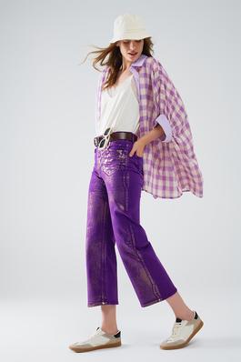 PURPLE WIDE LEG JEANS WITH METALLIC FINISH IN GOLD