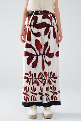 WIDE LEG PANTS W/ ABSTRACT PRINT IN WHITE & BROWN