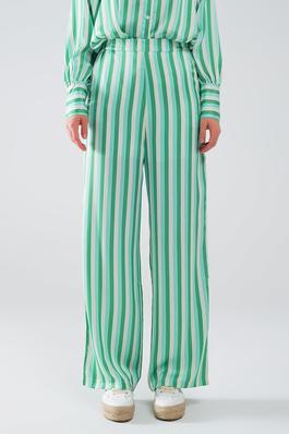 VERTICAL STRIPED STRAIGHT LEG SATIN PANTS IN GREEN