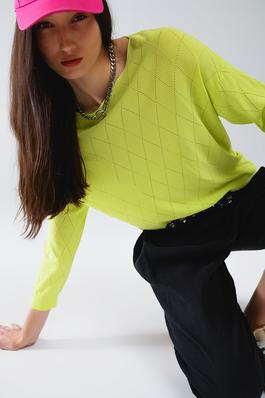 LIME COLORED SWEATER IN ARGYLE PRINT W/ BOAT NECK