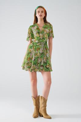SHORT GREEN MULTICOLORED DRESS WITH CROSSED TOP