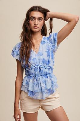 Floral Print V-neck Ruffled Blouse Top