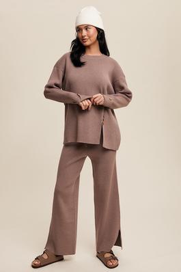 Side Button Detailed Ribbed Sweater and Pants Set