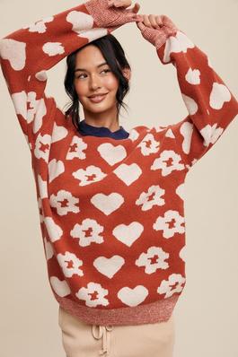 Flower and Hearts Knit Pullover Sweater