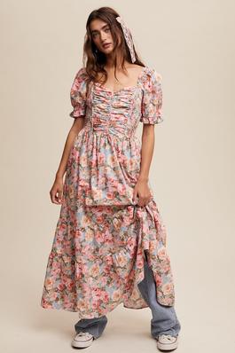 Floral Cinched Sweetheart Romantic Maxi Dress